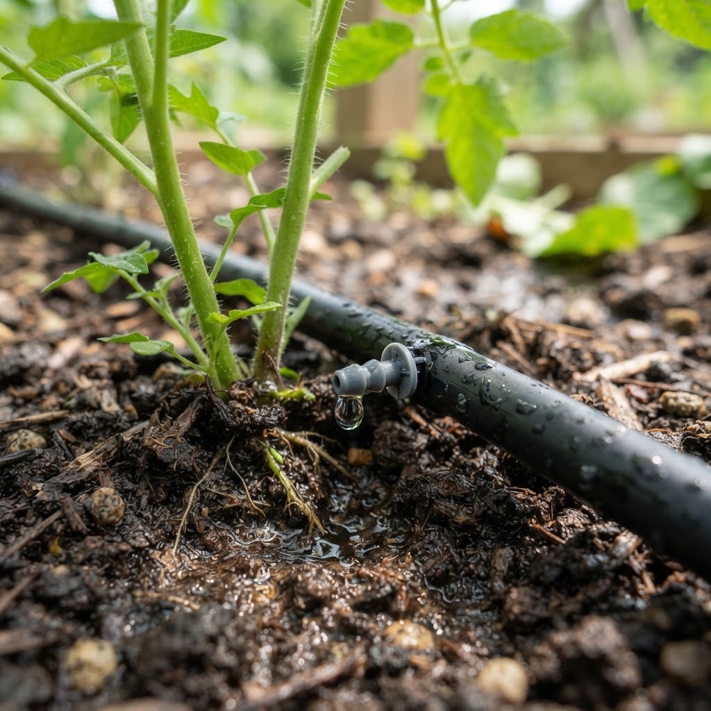 Drip irrigation tubing delivering water directly to plant roots in close-up