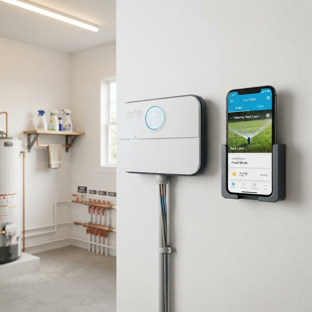 Rachio smart irrigation controller mounted indoors beside a smartphone running an irrigation app