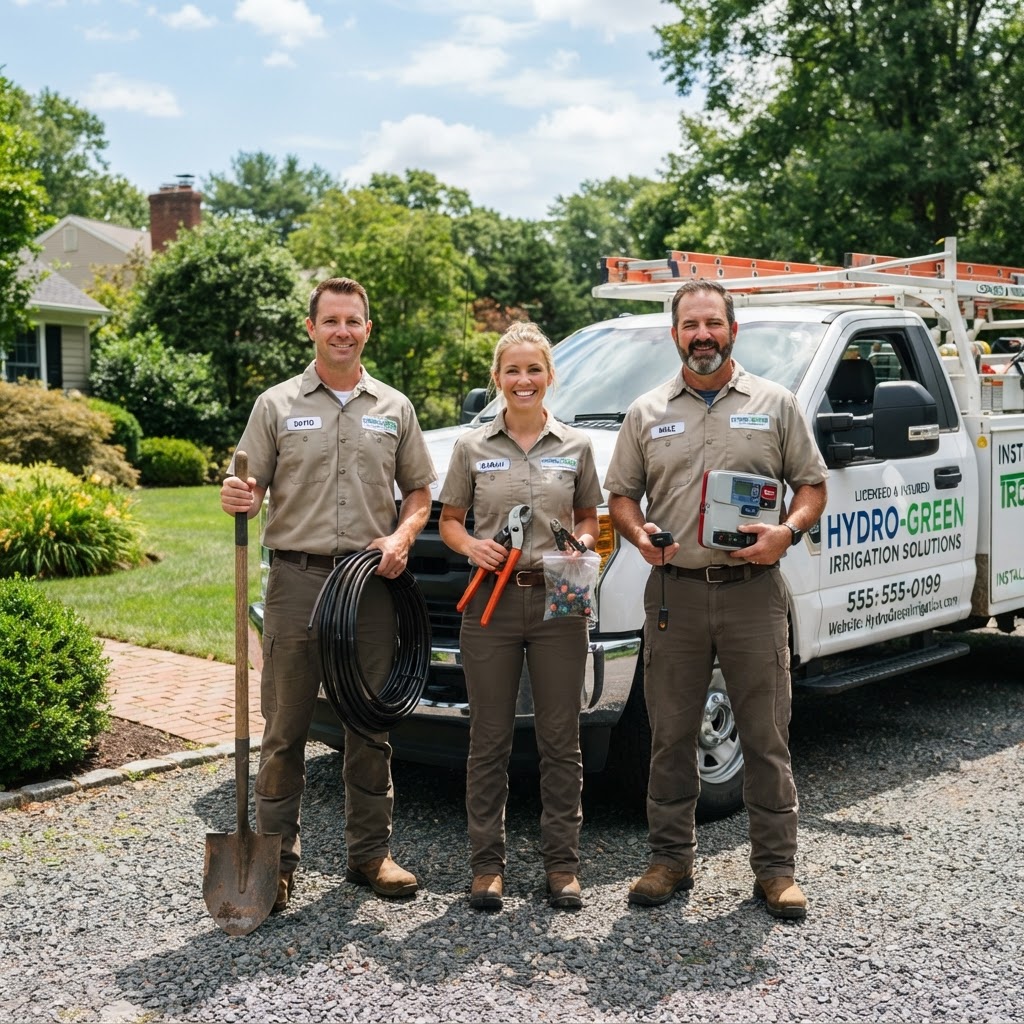 Irration technicians team in front of a branded work truck