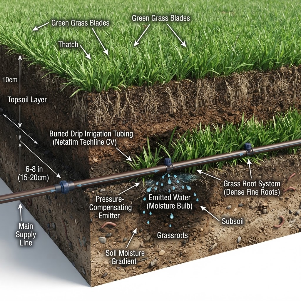 Cutaway view of underground drip irrigation tubing beneath a landscape