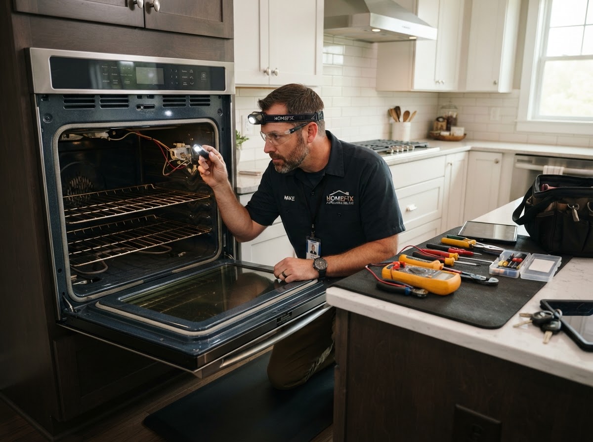 Repair technician inspecting the inside of a built-in oven with tools nearby during an appliance repair service in Taylorsville, UT
