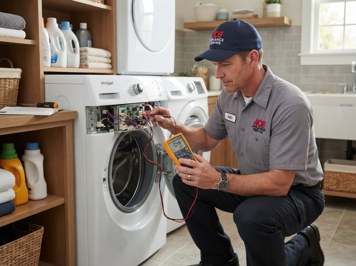 Repair technician in a blue cap working on the control panel of a washing machine during an appliance repair service in Taylorsville, UT