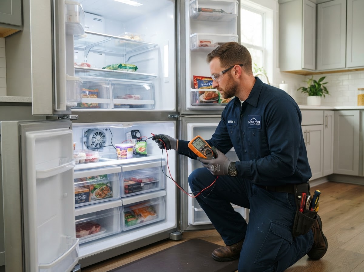 Technician inspecting the inside of a refrigerator with shelves and food items during an appliance repair service in Taylorsville, UT