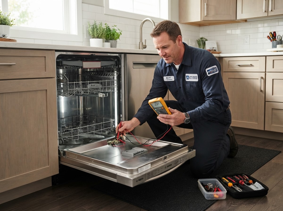 Technician checking the inside of an open dishwasher in a kitchen during an appliance repair service in Taylorsville, UT