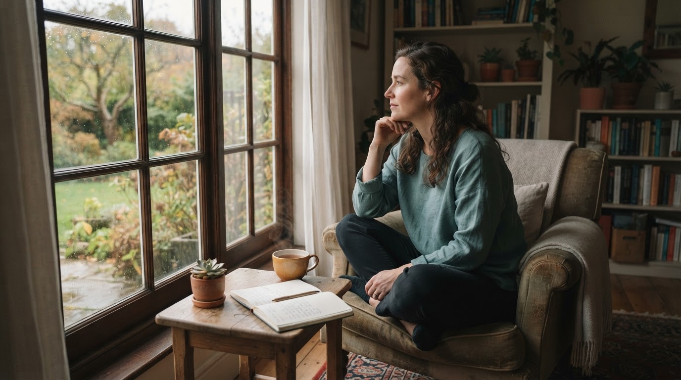 A person in quiet reflection beside a sunlit window