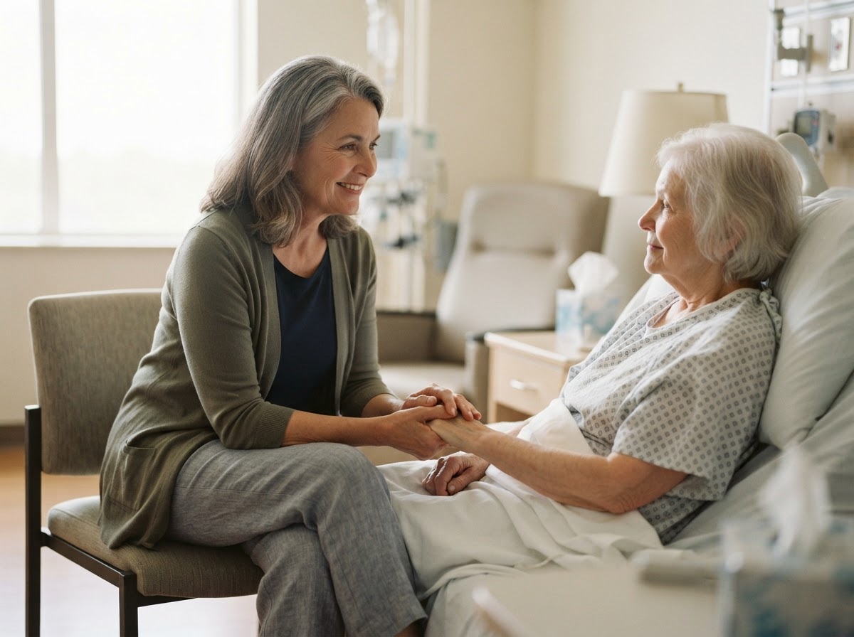 A chaplain sitting attentively beside a patient in a warm bedside conversation