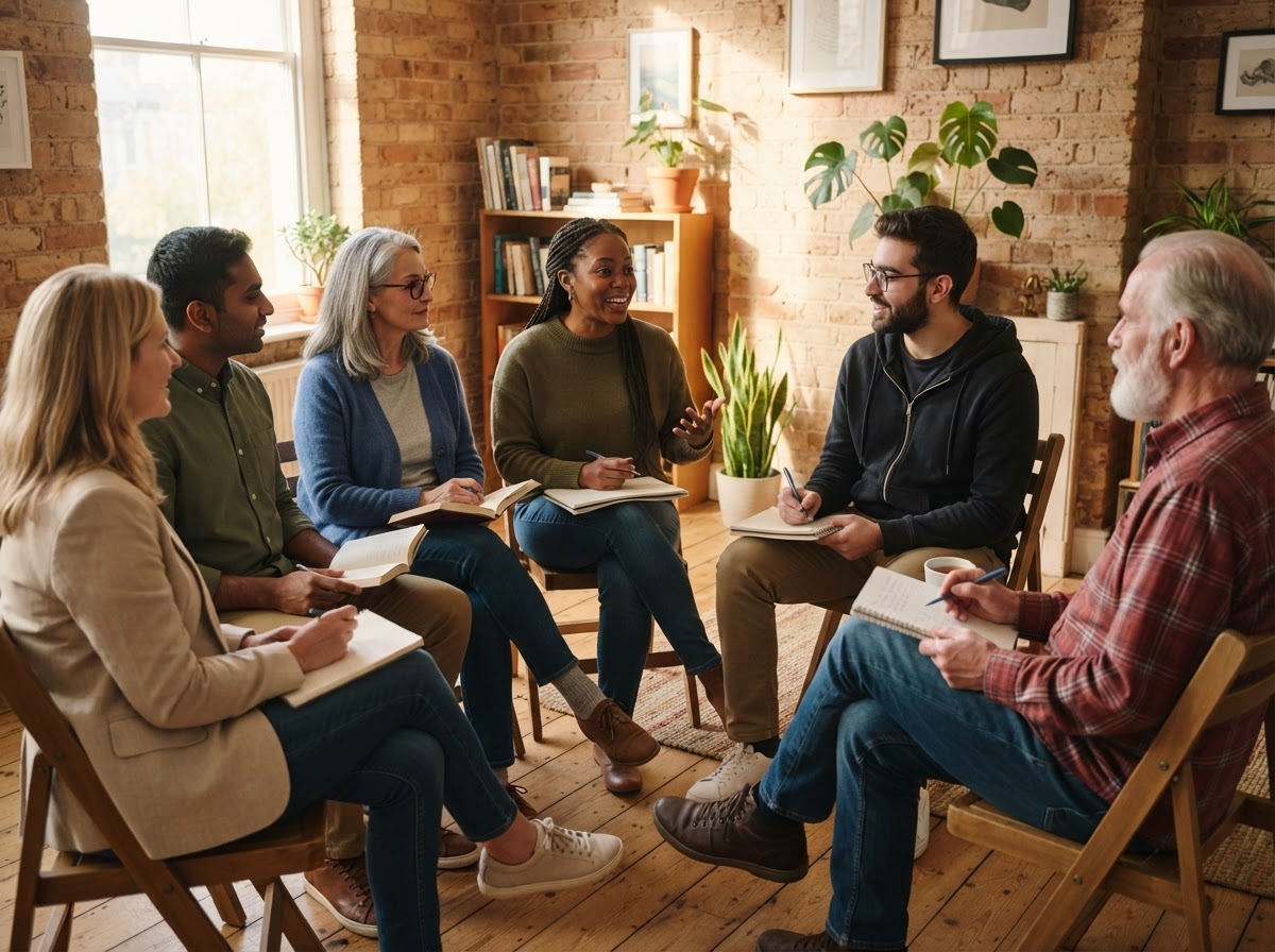 A diverse group of students learning together in a warm, light-filled room
