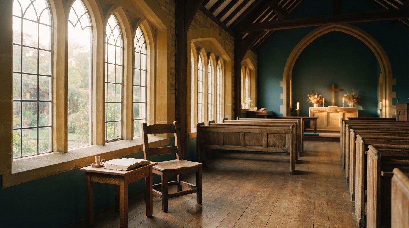 A quiet chapel sanctuary bathed in soft morning light through tall windows