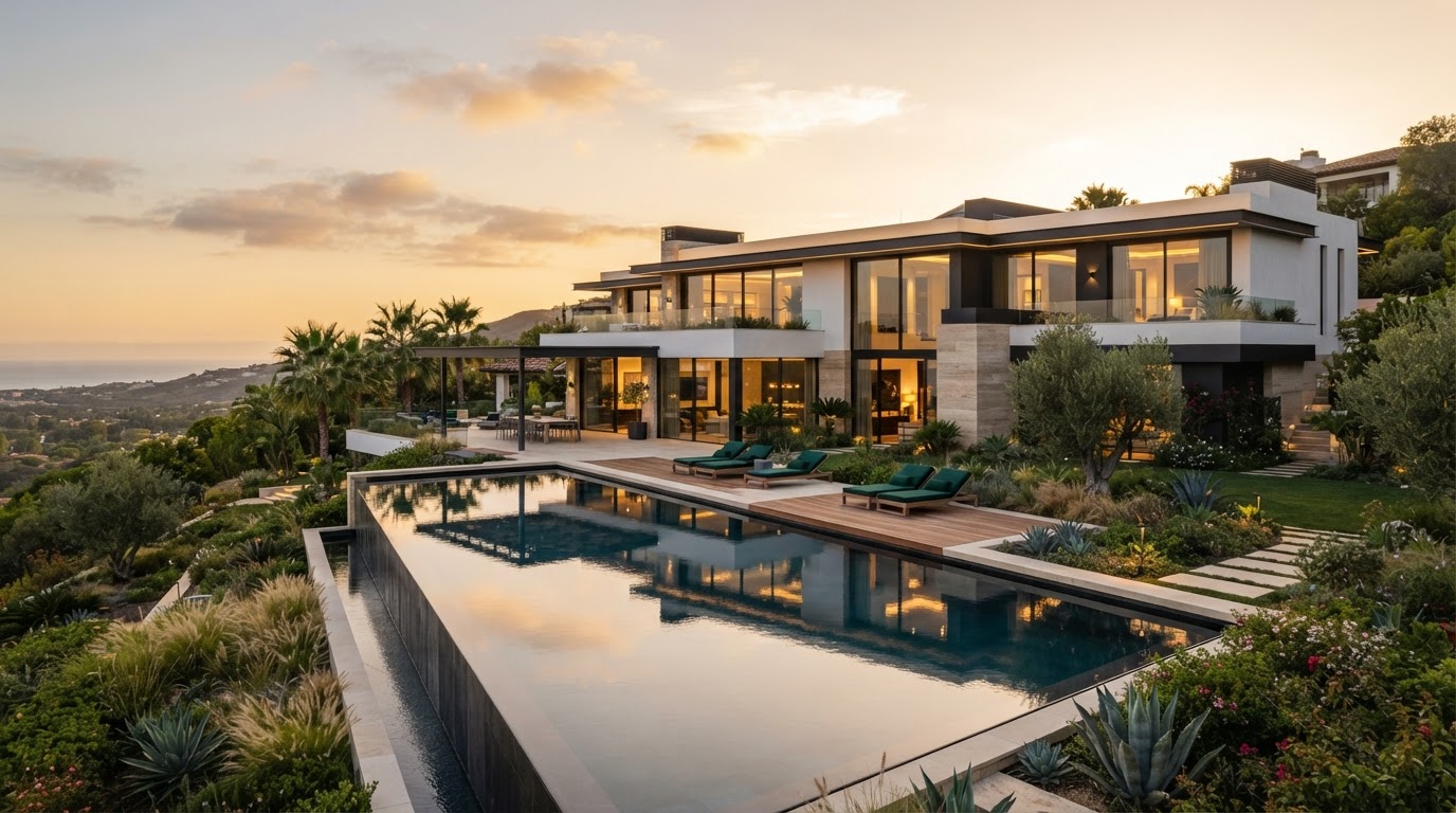 Luxury modern estate at golden hour with lush landscaping and infinity pool