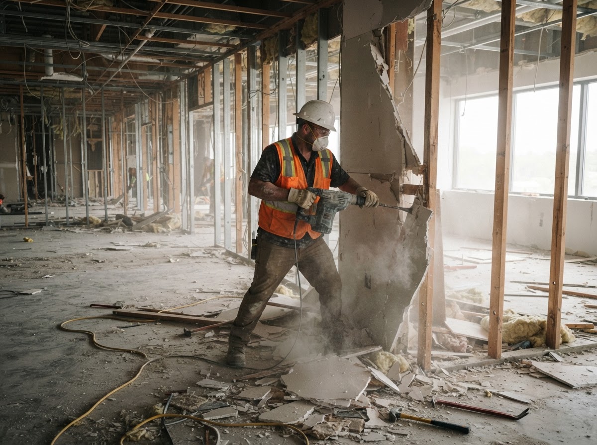 Interior demolition of walls and flooring