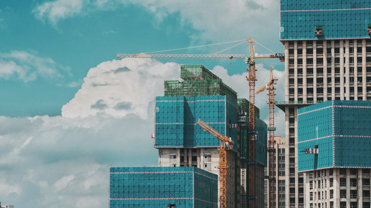 Commercial construction project with steel framework