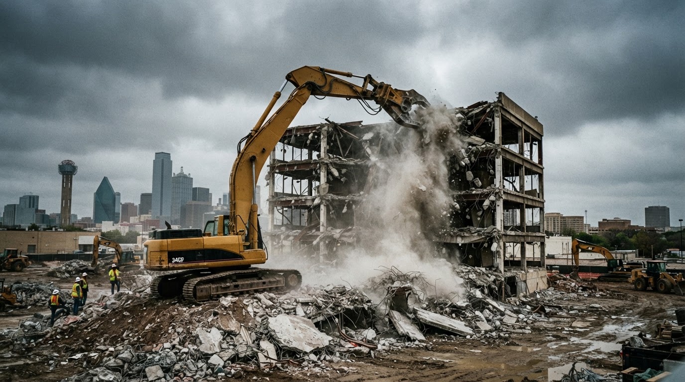 Heavy excavator performing commercial building demolition in Dallas–Fort Worth