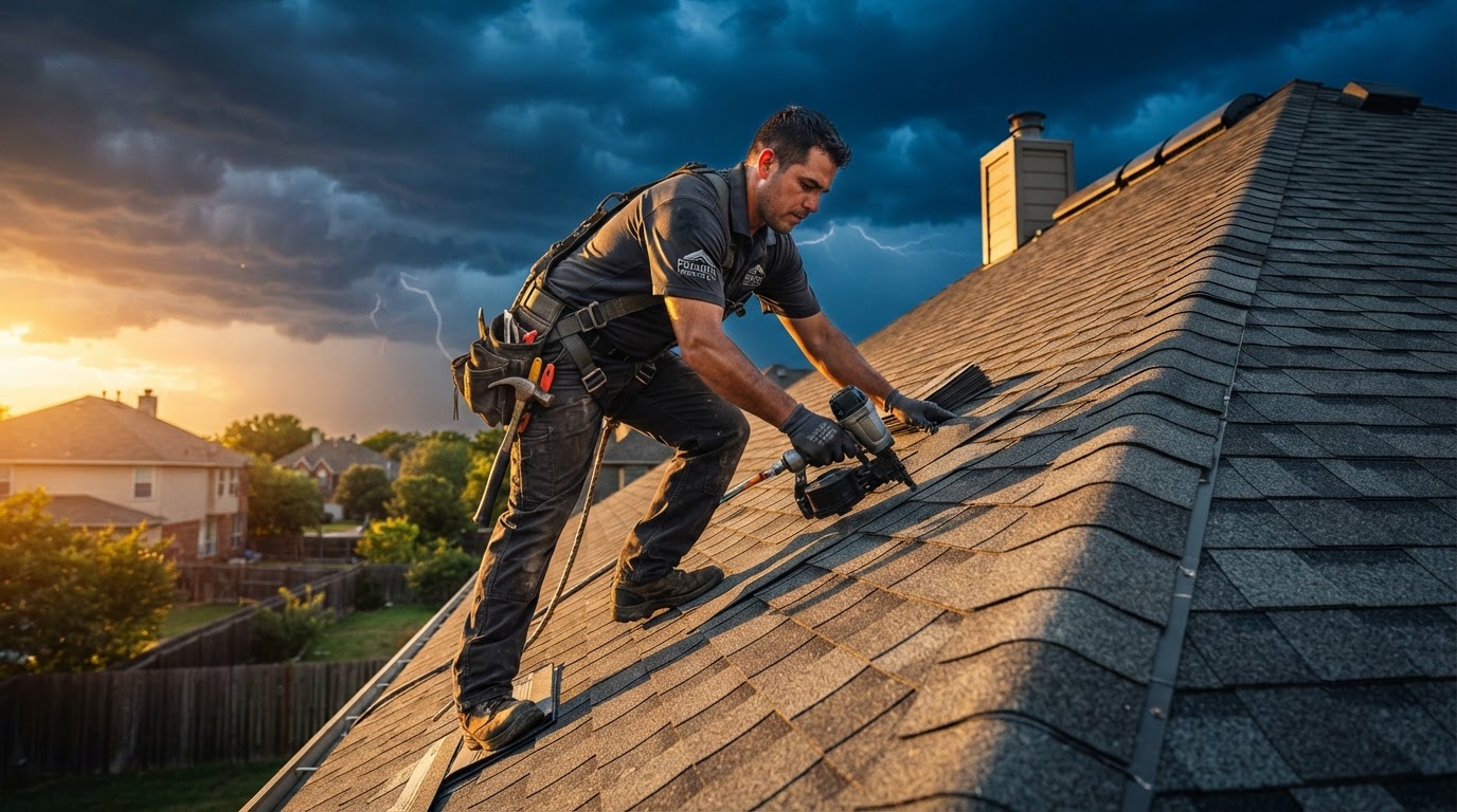 Professional roofer installing architectural shingles on a McHenry County home
