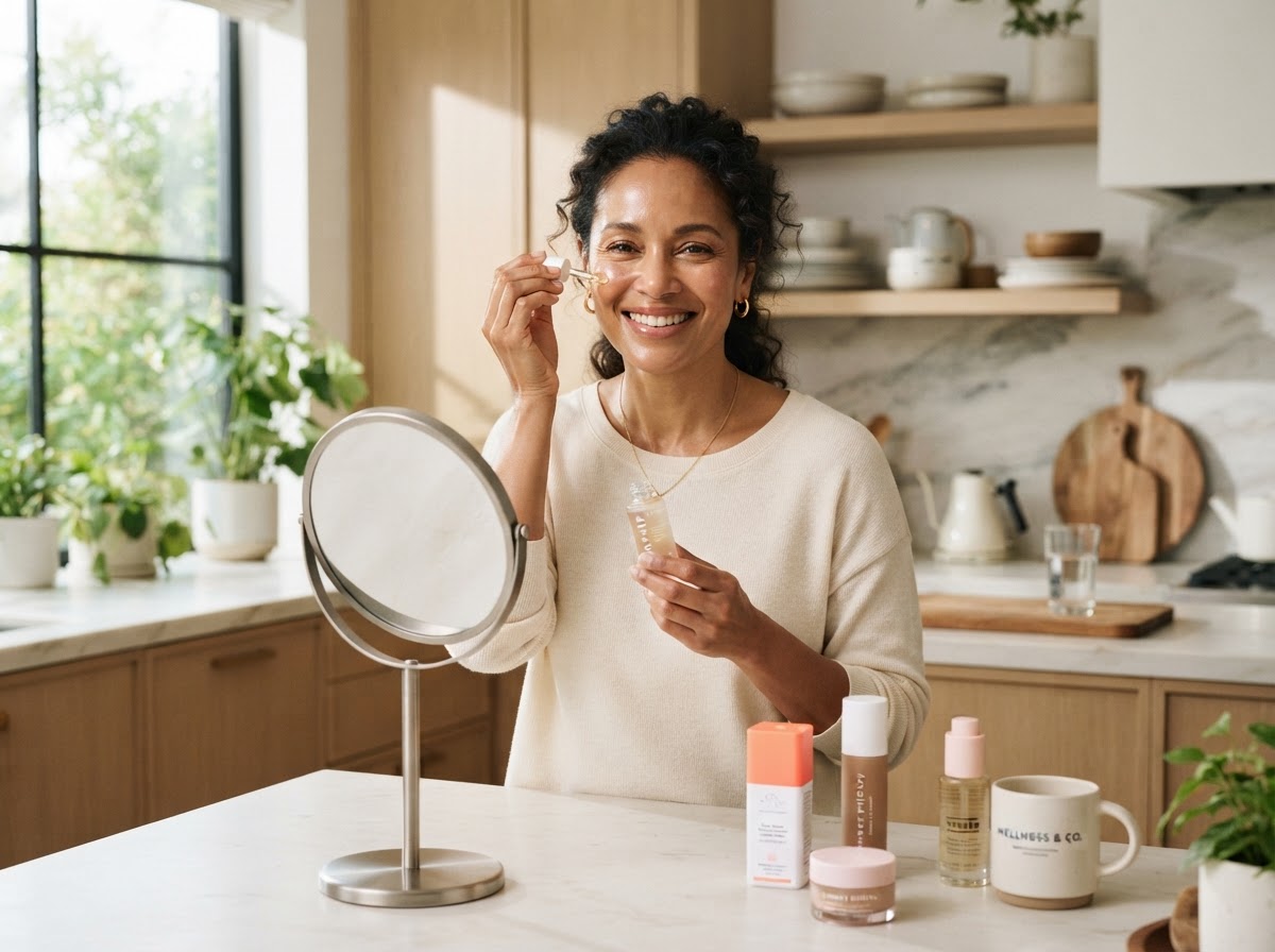 Mixed-race woman in her mid-40s embodying wellness and beauty from within