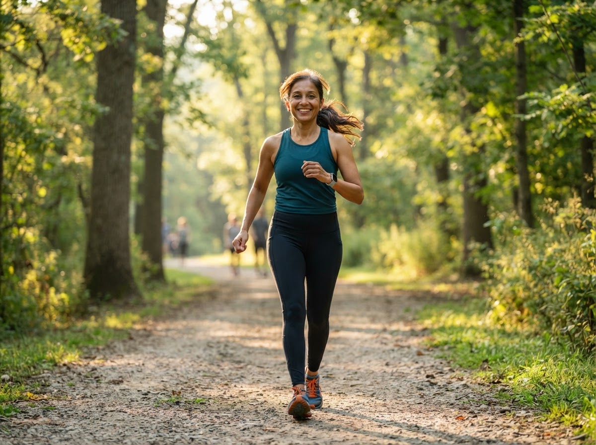 Active South Asian woman in her late 40s walking with a friend