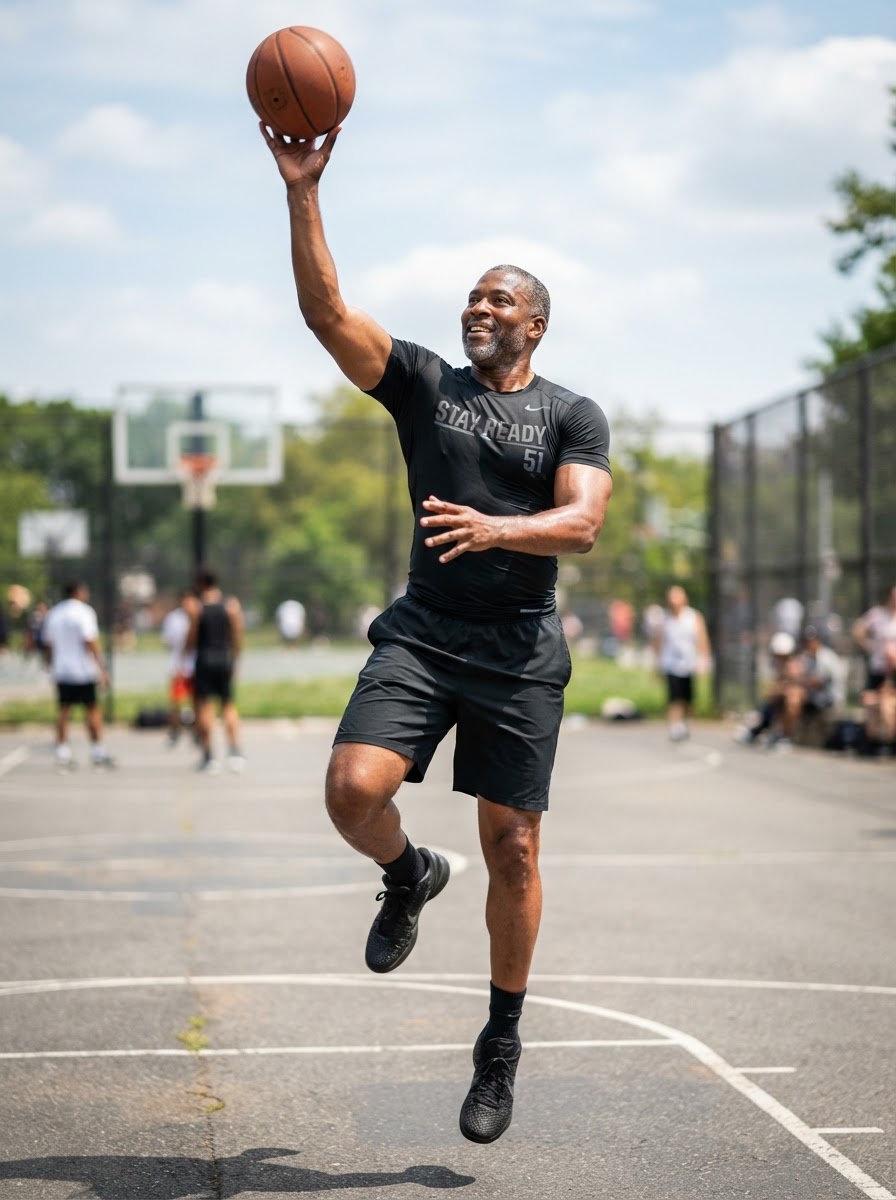 Active Black man in his late 40s hiking and embracing longevity