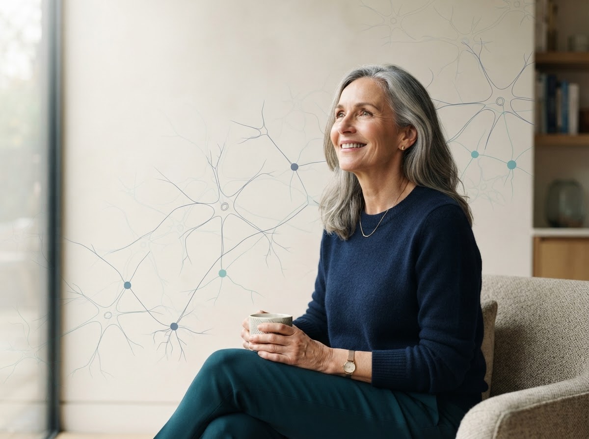 A vibrant, healthy adult with silver-streaked hair, smiling thoughtfully