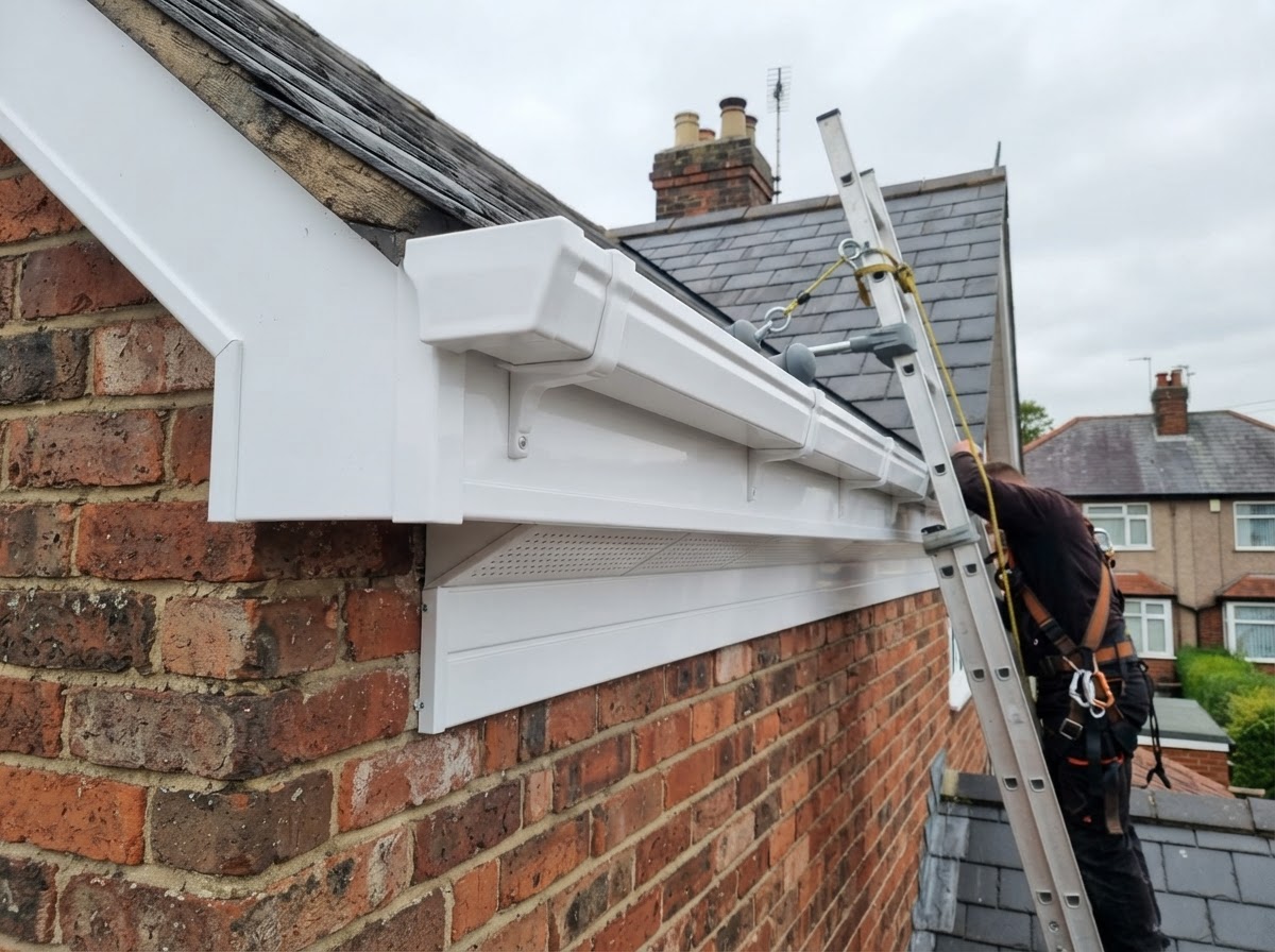 Clean white UPVC fascias, soffits and gutters on a UK house exterior