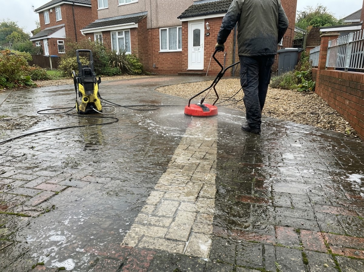 Pressure washing a UK block-paved driveway to lift grime and algae
