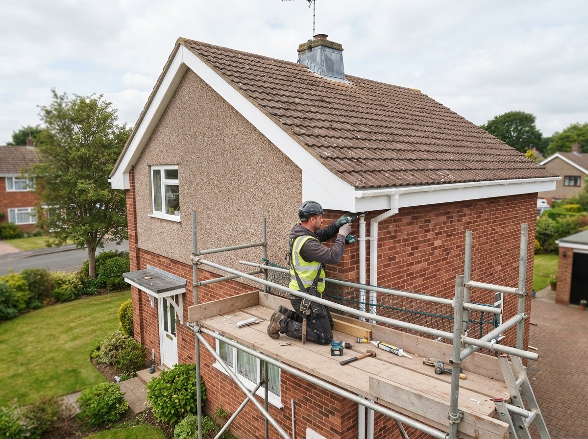 Newly installed white UPVC fascias, soffits and guttering on house eaves