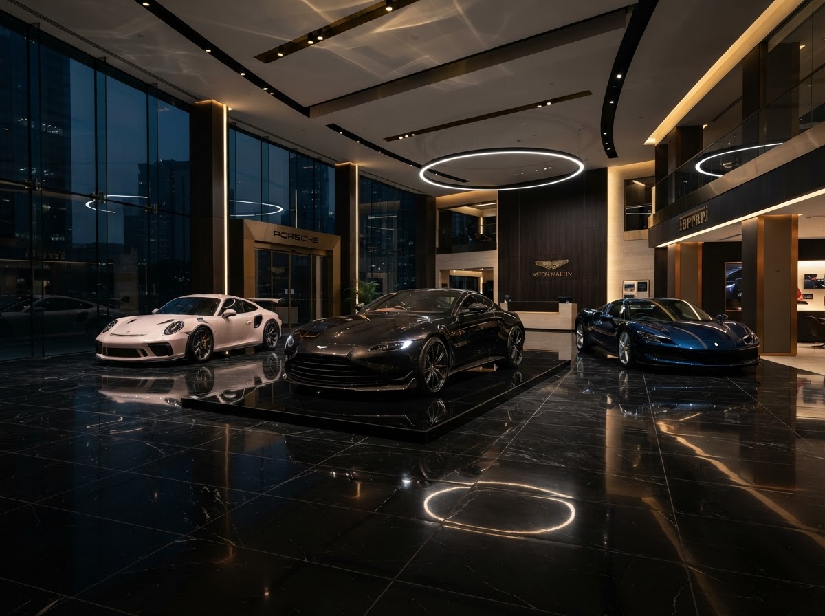 Premium-Autohaus-Showroom mit reflektierendem Boden und dramatischem Licht
