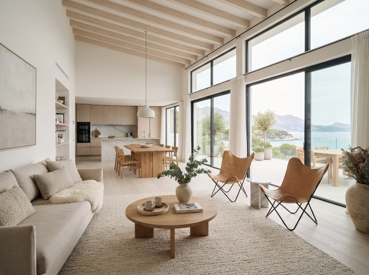 Helle Ferienwohnung mit großzügigen Fenstern und reinen Oberflächen