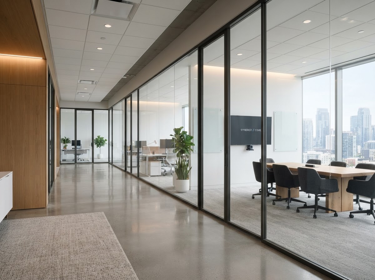 Helles, minimalistisches Büro mit polierten Glasflächen und reinem Weiß