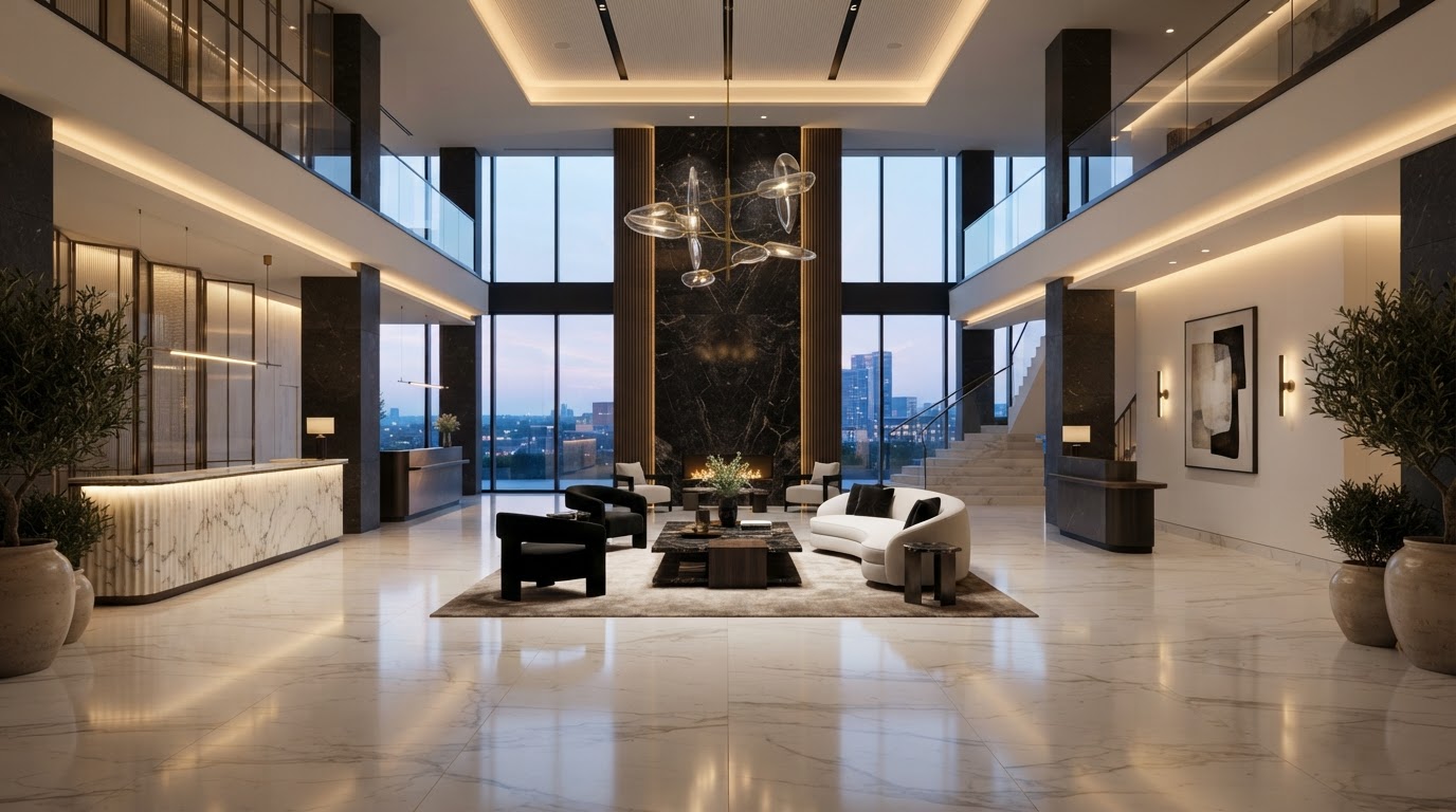 Repräsentative Hotellobby mit poliertem Marmorboden und warmem Goldlicht