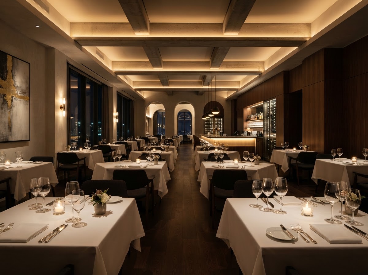 Edles Gastro-Interior mit gedecktem Tisch und warmem Ambientelicht