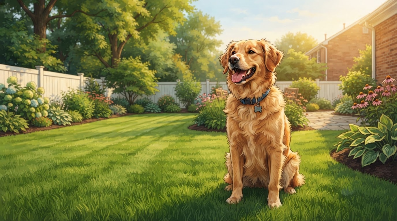 Happy dog on a clean, freshly mowed green lawn in a Maryland backyard