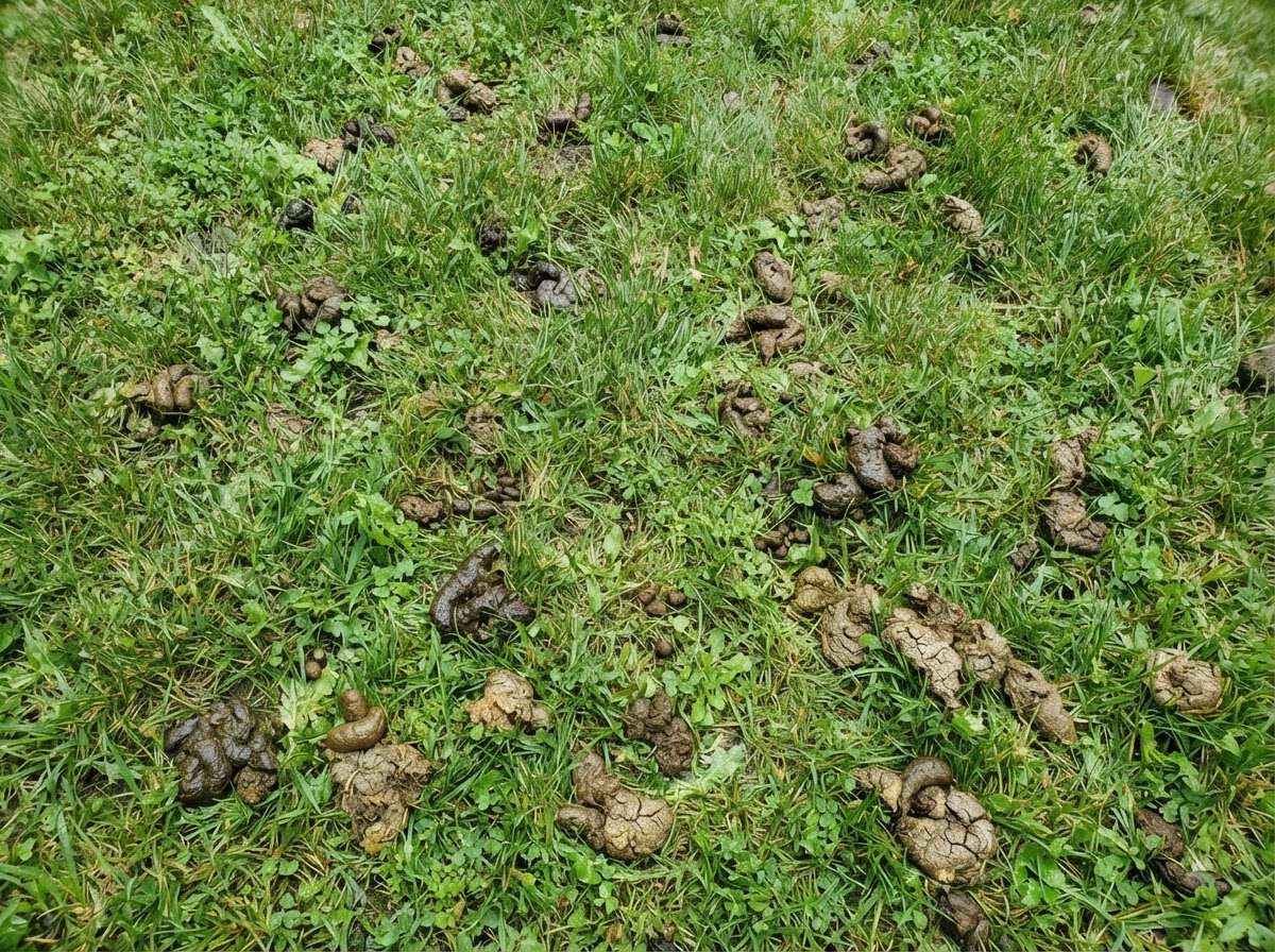 A suburban Maryland backyard lawn covered in scattered dog poop piles before Poop Troop cleanup