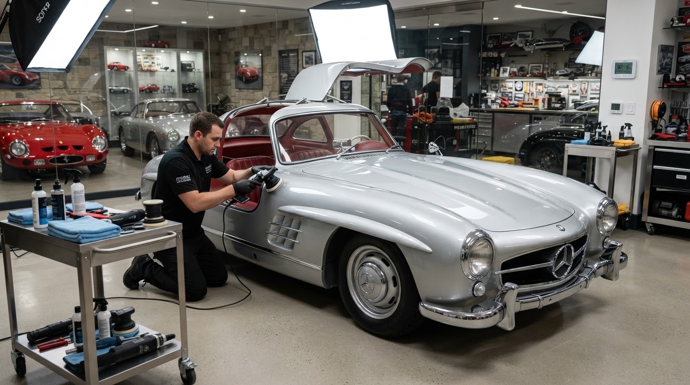 Rare vintage classic car undergoing restorative paint correction and ceramic coating