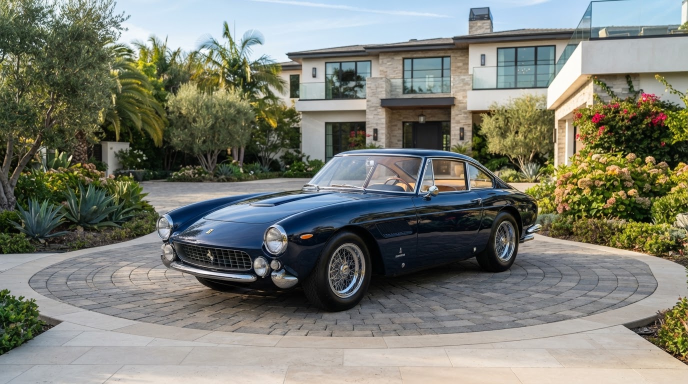Flawless vintage Ferrari luxury sports car at an estate driveway