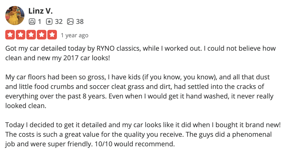 Actual verified review screenshot from Linz V. - 5 stars for RYNO Classics