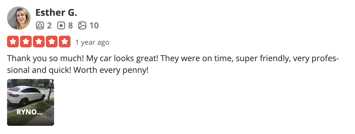Actual verified review screenshot from Esther G. - 5 stars for RYNO Classics