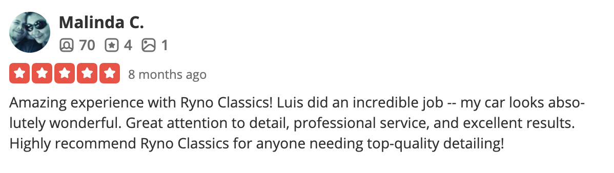 Actual verified review screenshot from Malinda C. - 5 stars for RYNO Classics