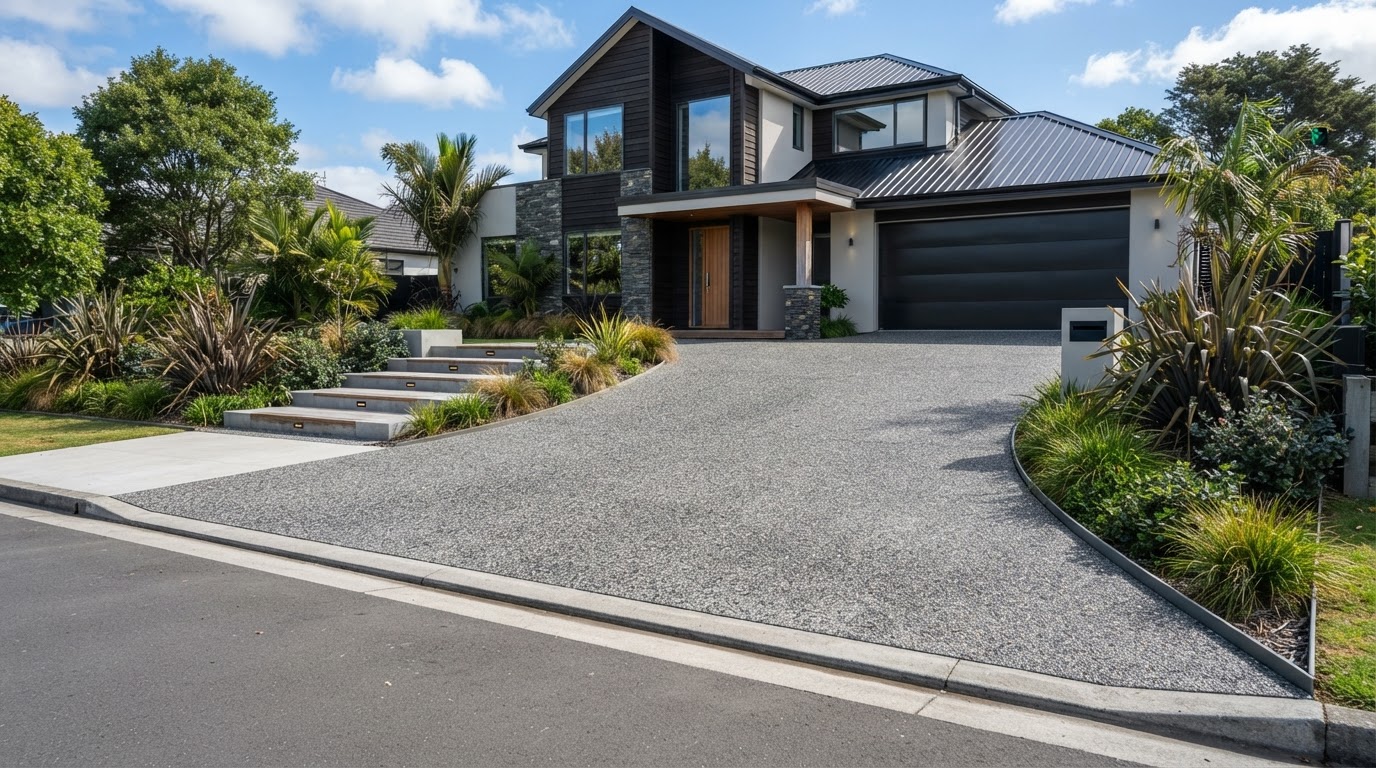 Finished decorative concrete driveway by Fine Art Concrete