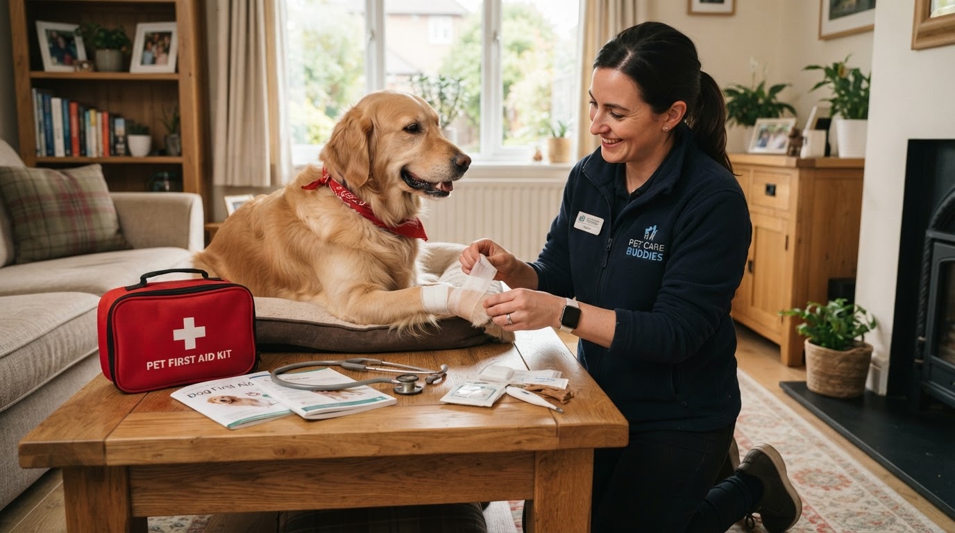 Pet sitter learning pet first aid with a calm golden retriever