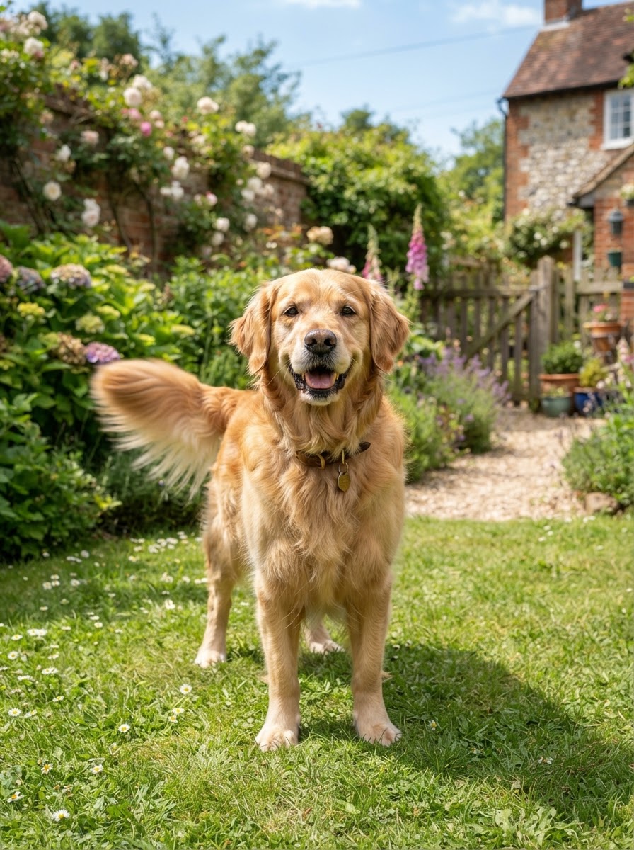Happy standing dog with a wagging tail