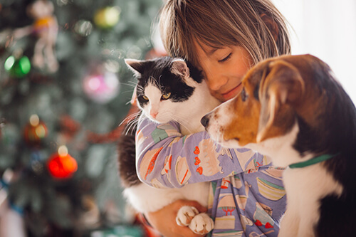 Child lovingly hugging pet cat and dog at home