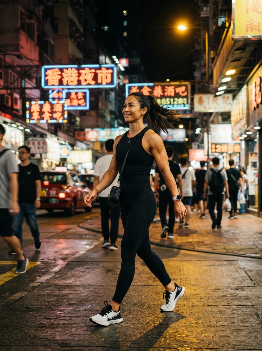 Athlete walking through a city at night