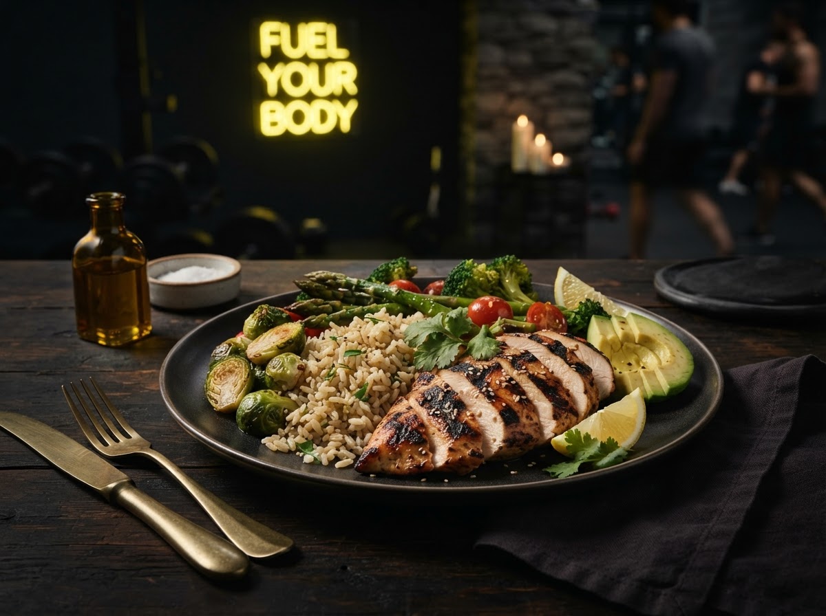 Balanced meal plated on a dark table