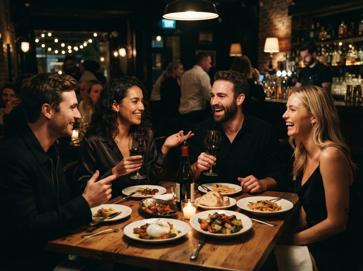 Friends socializing at a dinner table