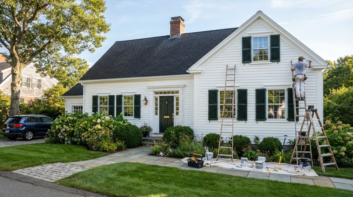 Freshly painted Cape Cod style home exterior with clean white clapboard siding and dark green shutters