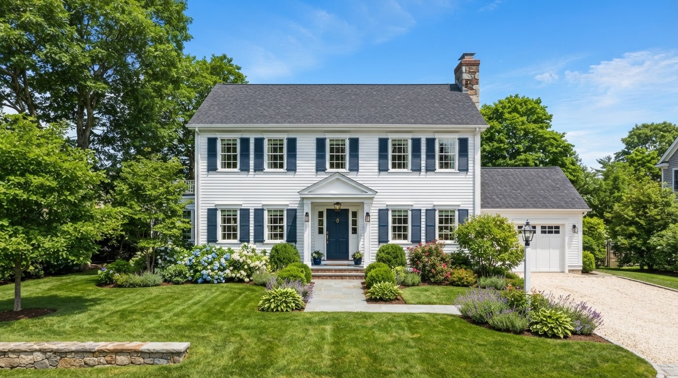 Freshly painted New England colonial home exterior with crisp white siding and navy blue shutters
