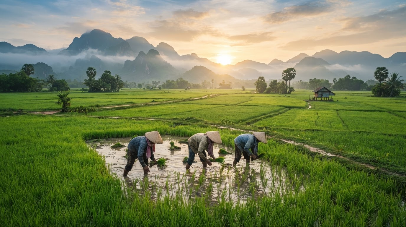 Cambodian farmers in green rice fields at sunrise