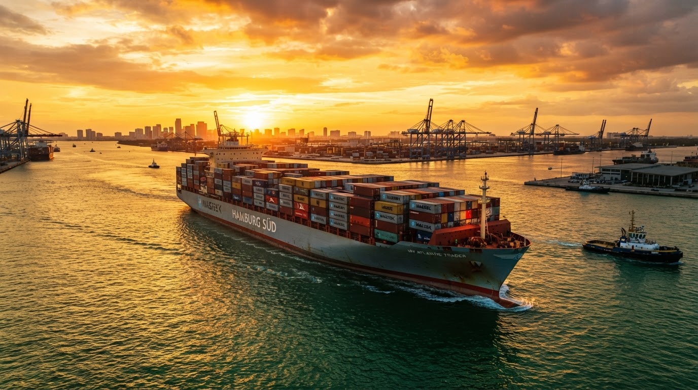 Cargo ship leaving port at sunset