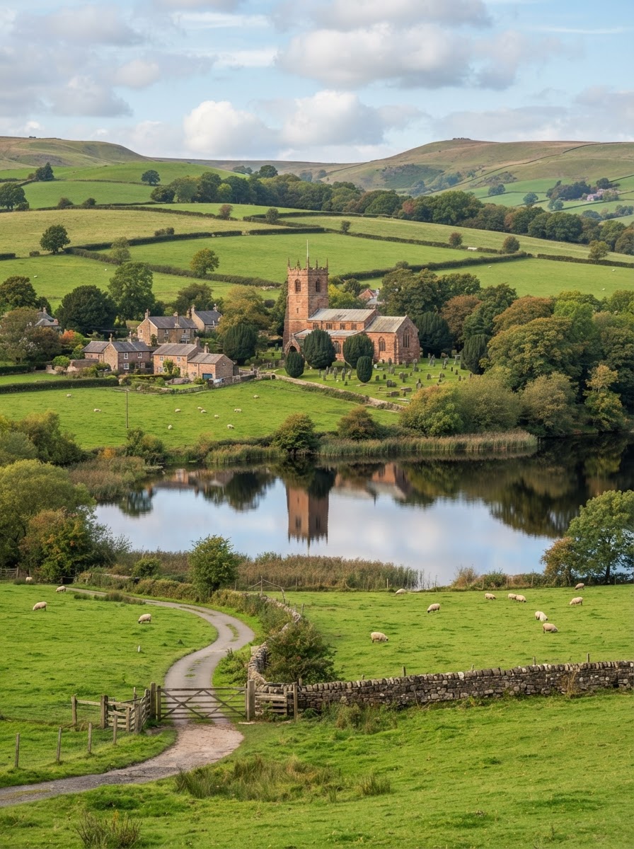Scenic Cheshire countryside with a historic church and reservoir