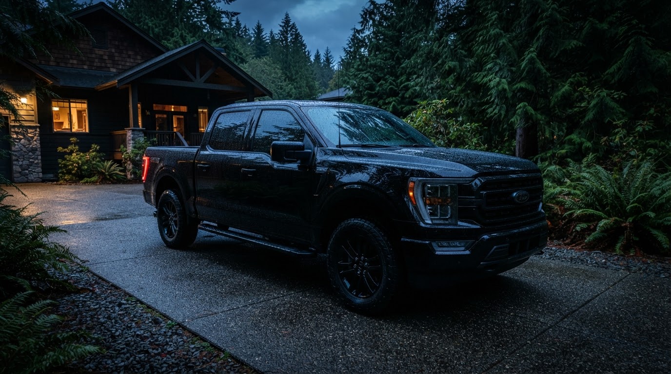 A freshly ceramic-coated black pickup truck in a Mount Vernon driveway at dusk