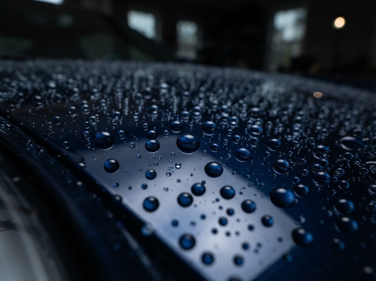 Water beading on a coated hood